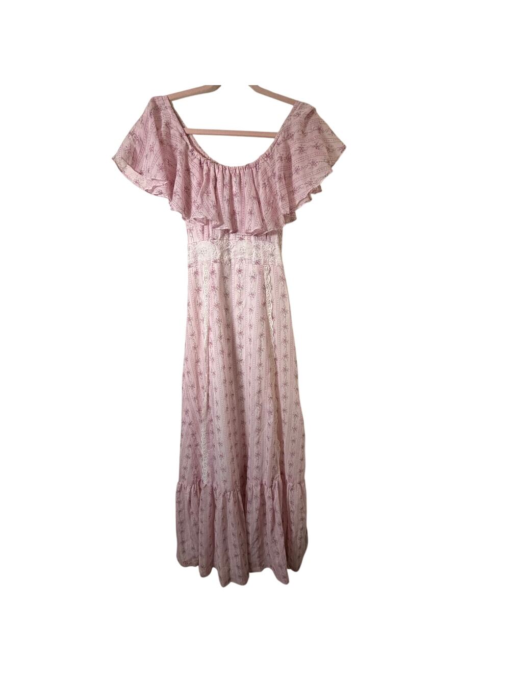 Sm 70s Vtg Prairie Maxi Dress Pink Floral Lace Tiered Cottagecore Romantic Tea